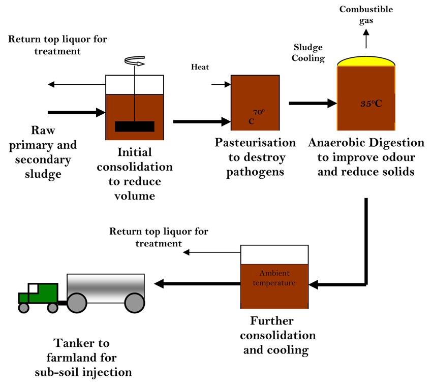 This diagram shows a typical sludge treatment sequence for production of an ‘enhanced treated’ sludge (biosolids) for use as fertiliser in agriculture. Many other options are possible in practice
